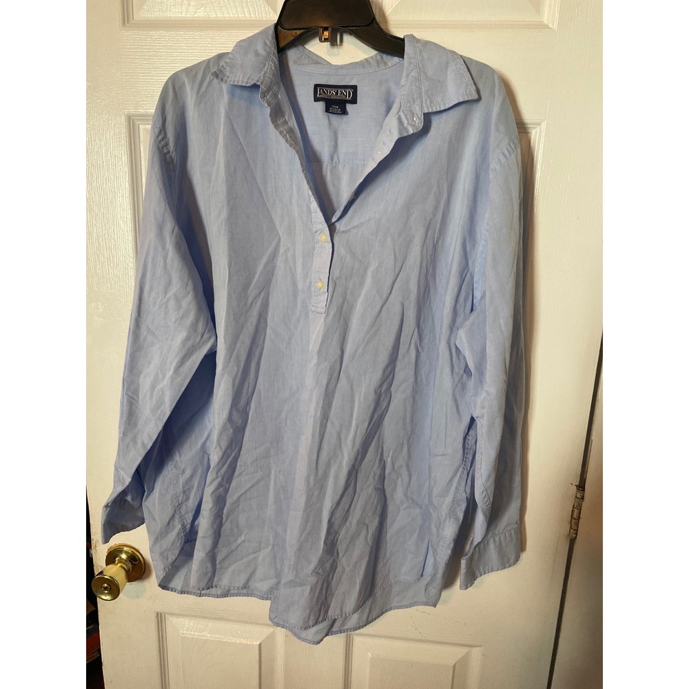 Lands End Womens 20W Blue Popover Blouse Long Sleeve Button Up Shirt Regular